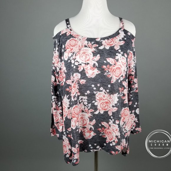 Burnout Floral Print Cold Shoulder Top - Picture 1 of 9